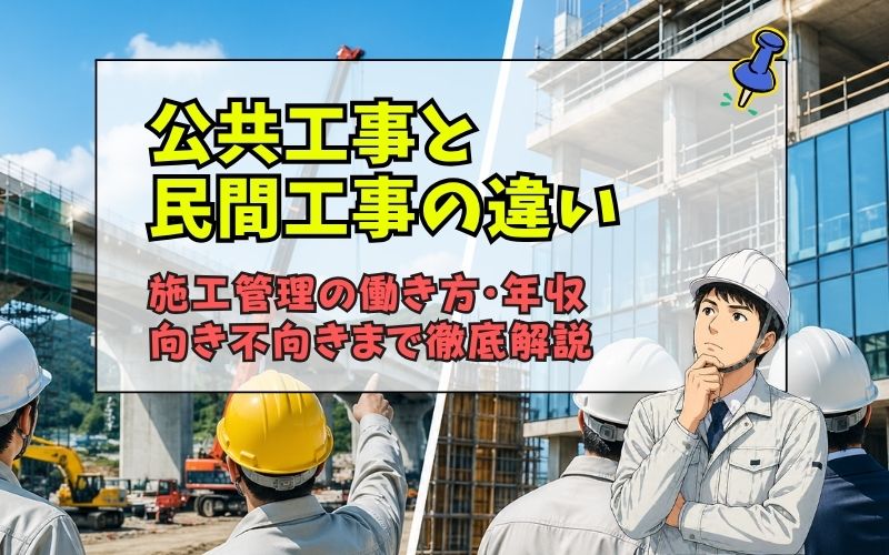 「公共工事と民間工事の違いとは？施工管理の役割・年収・働き方まで徹底解説」見出し画像