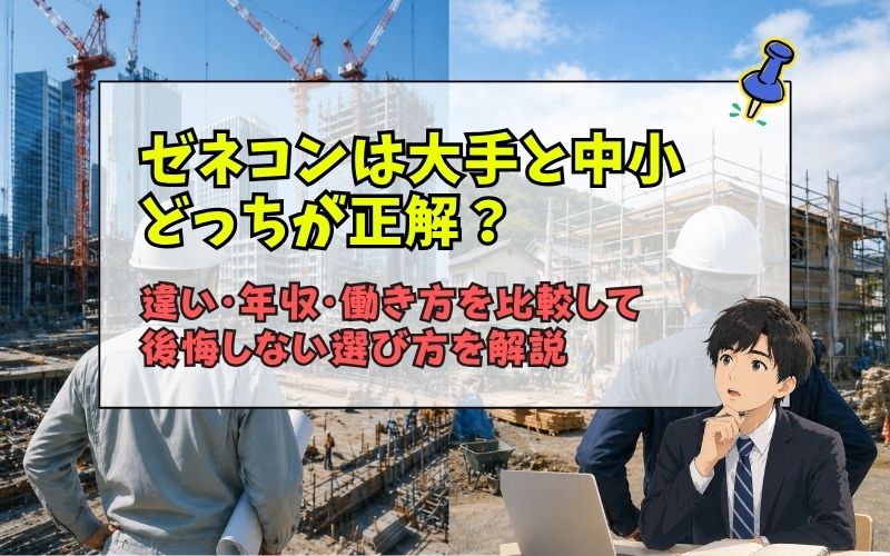 「【建設業】ゼネコンは大手と中小どっちがいい？違いと選び方を施工管理目線で解説【就活生必見！】」の見出し画像